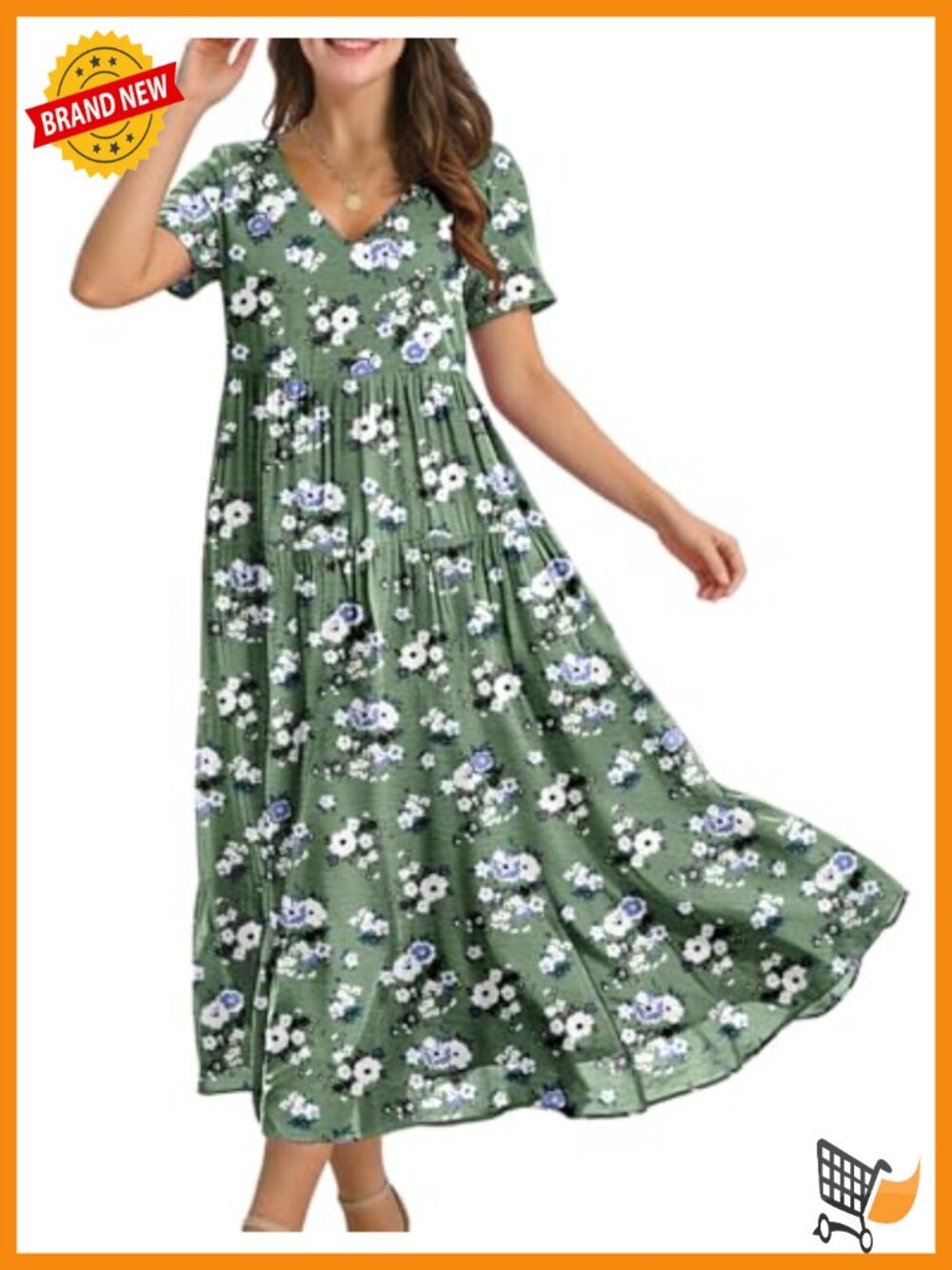 Cotton Rayon Blend Maxi Dress with Pockets V-Neck Short Sleeve Swing Dress